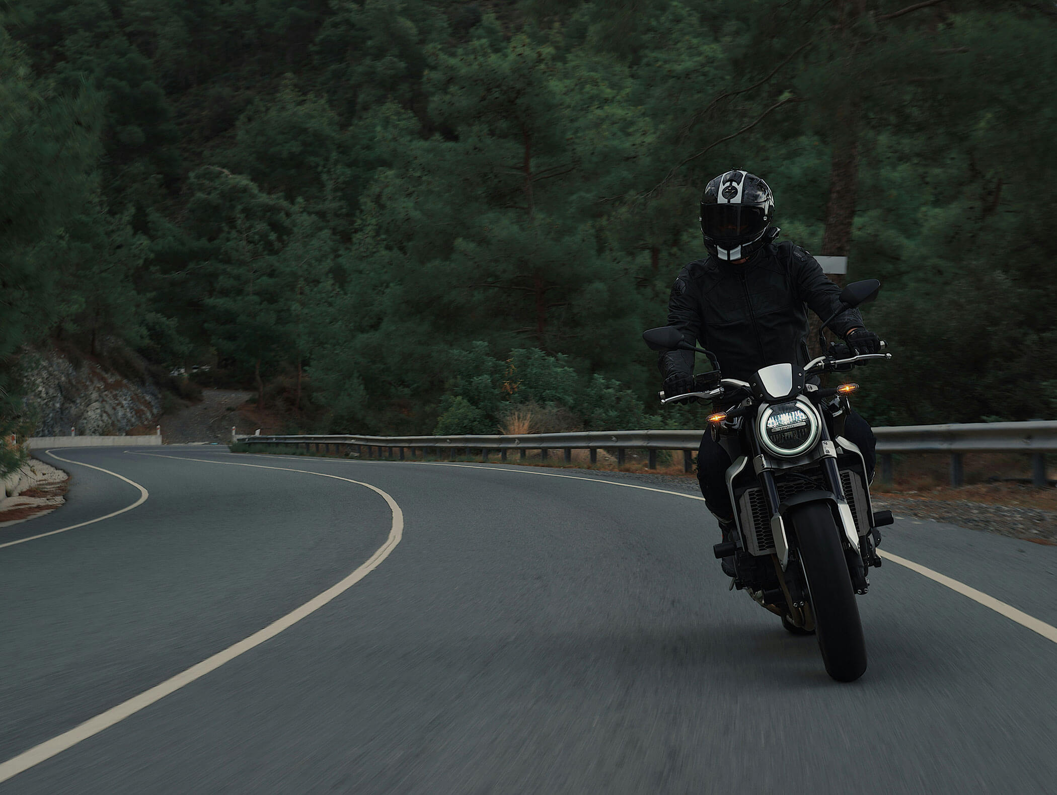 A person in black gear rides a motorcycle on a winding road surrounded by green trees. - Hotel Zur Sonne