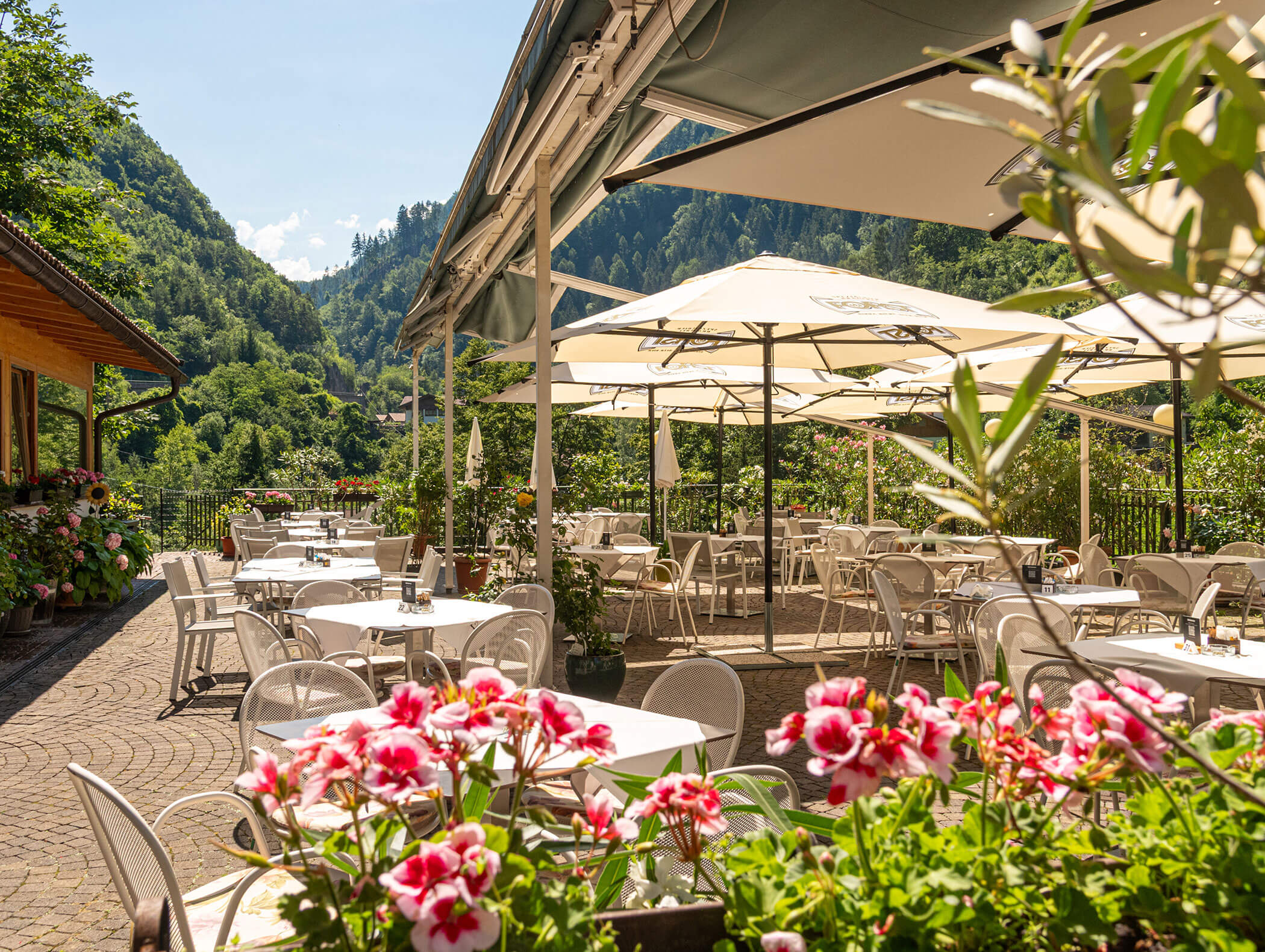 Caffetteria all'aperto con tavoli e sedie bianchi, ombrelloni, fiori e vista sulle montagne verdeggianti. - Hotel Zur Sonne
