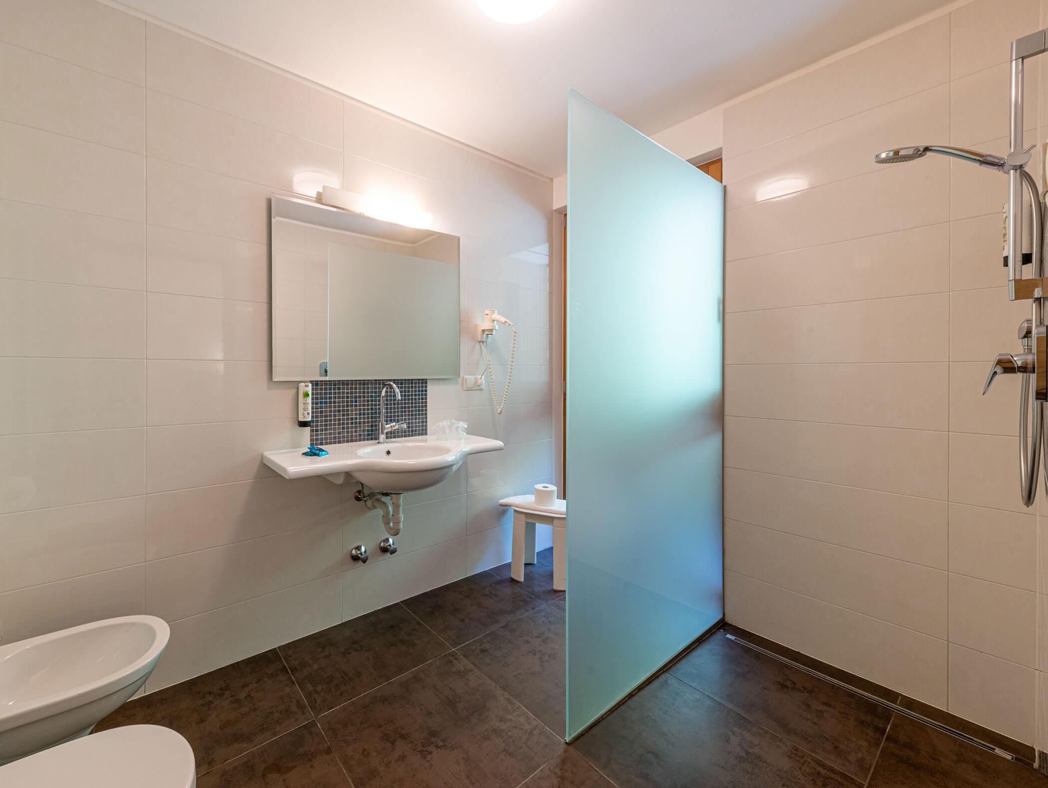 Bagno accessibile dotato di lavabo, specchio, doccia, divisorio in vetro smerigliato, WC e bidet. - Hotel Zur Sonne