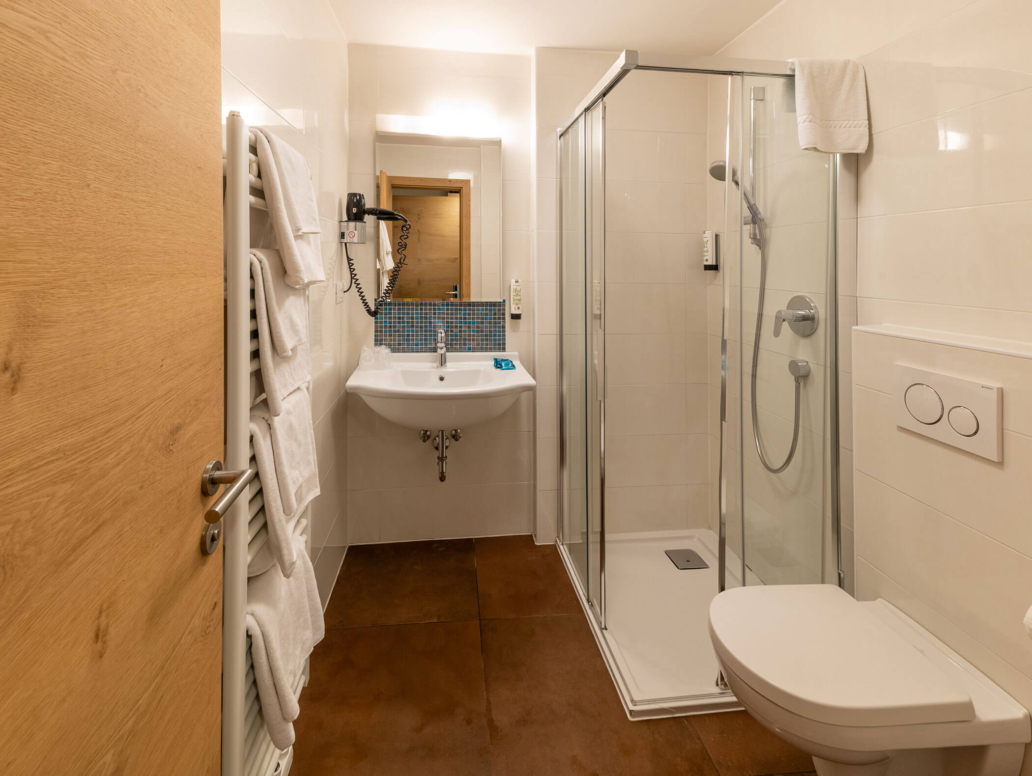 Bagno moderno con box doccia in vetro, lavabo sospeso, specchio, portasciugamani e WC su pavimento piastrellato marrone. - Hotel Zur Sonne