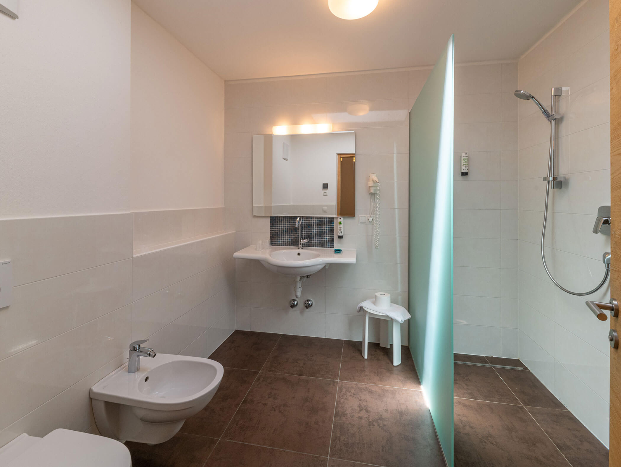 Bagno accessibile con bidet, lavandino, specchio, cabina doccia, piastrelle marroni sul pavimento e pareti bianche. - Hotel Zur Sonne